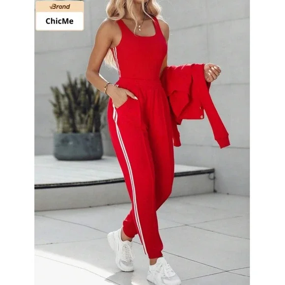 ChicMe Red 3 Piece Tracksuit Set Bomber Jacket Tank Top Joggers Stripes Size XL - Picture 6 of 11